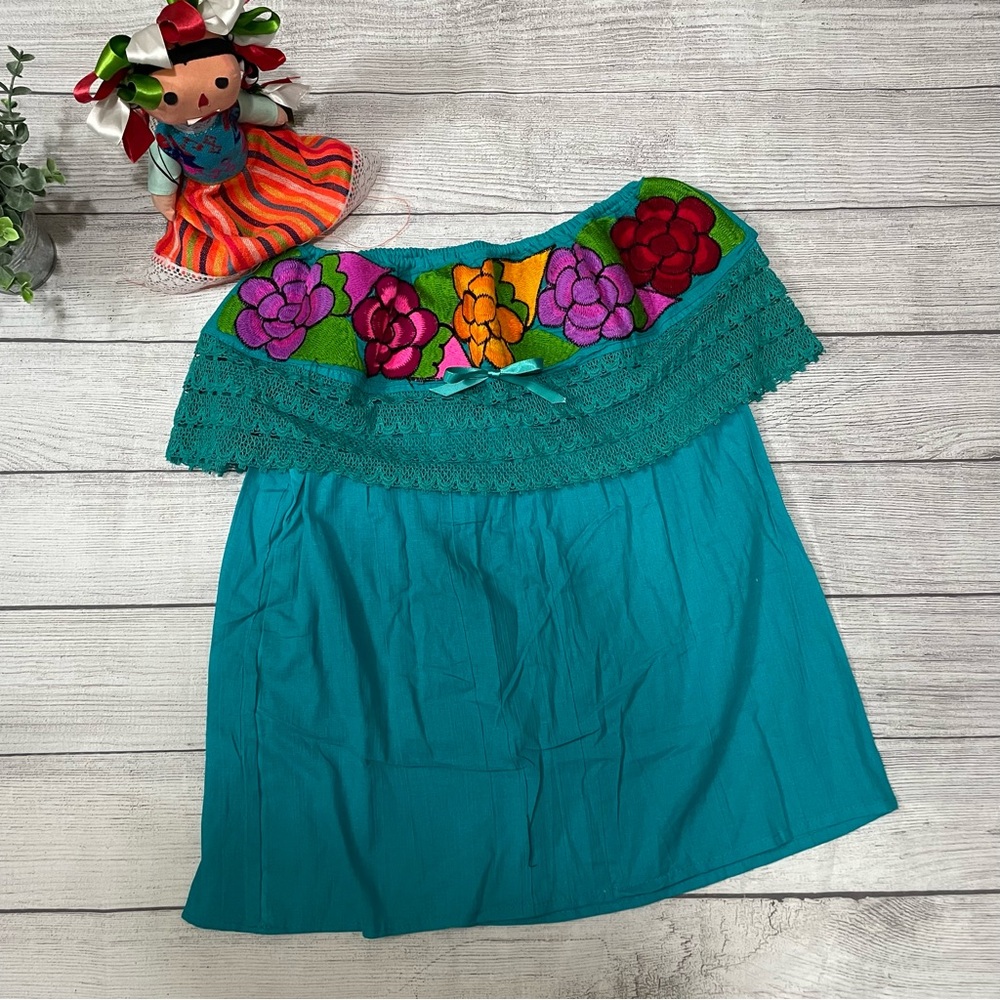 Embroidered Teal Handmade Mexican artisan Blouse size S/M